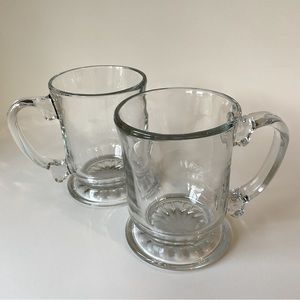 Set of 2 Libbey Heavy Clear Glass Mugs with Decorative Handles & Pedestal Bases